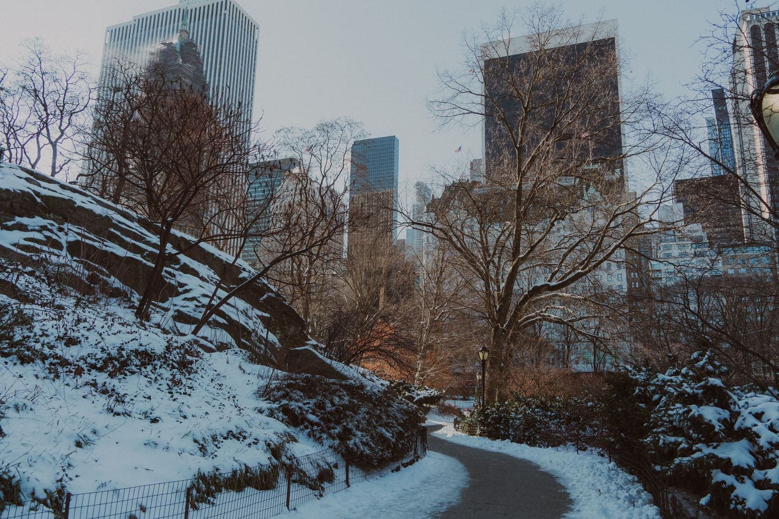 Snowy path in Central Park with Midtown towers in the background